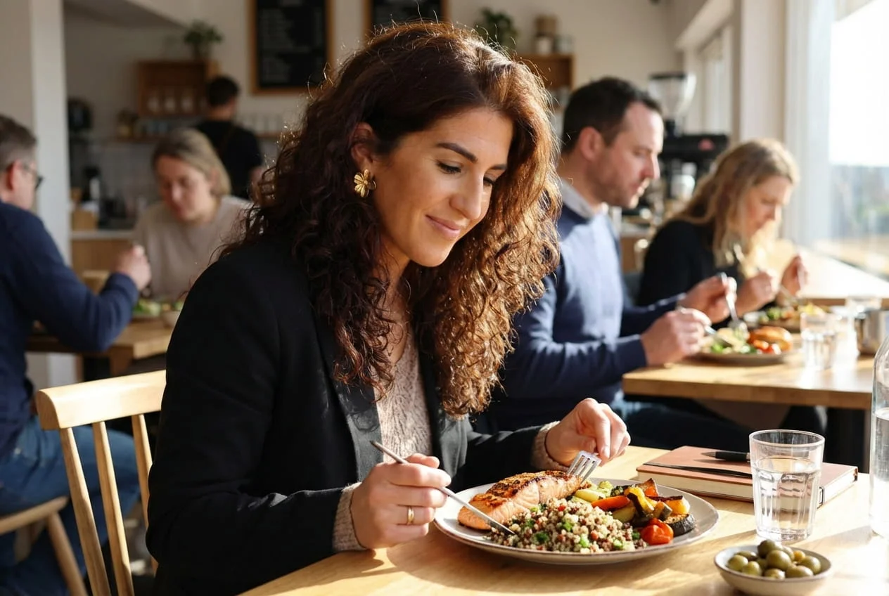 Floriane qui mange un carrot cake dans un restaurant