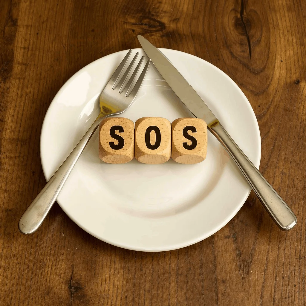Illustration aquarelle d'une assiette blanche avec des cubes en bois formant SOS sur fond jaune